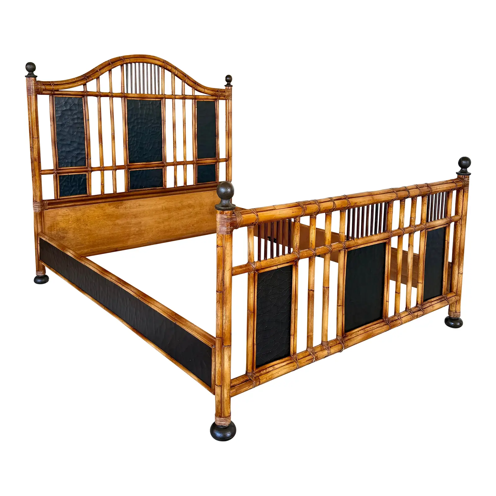 Coastal British Colonial Rattan Black Lacquer Queen Bed by Baker Milling Road