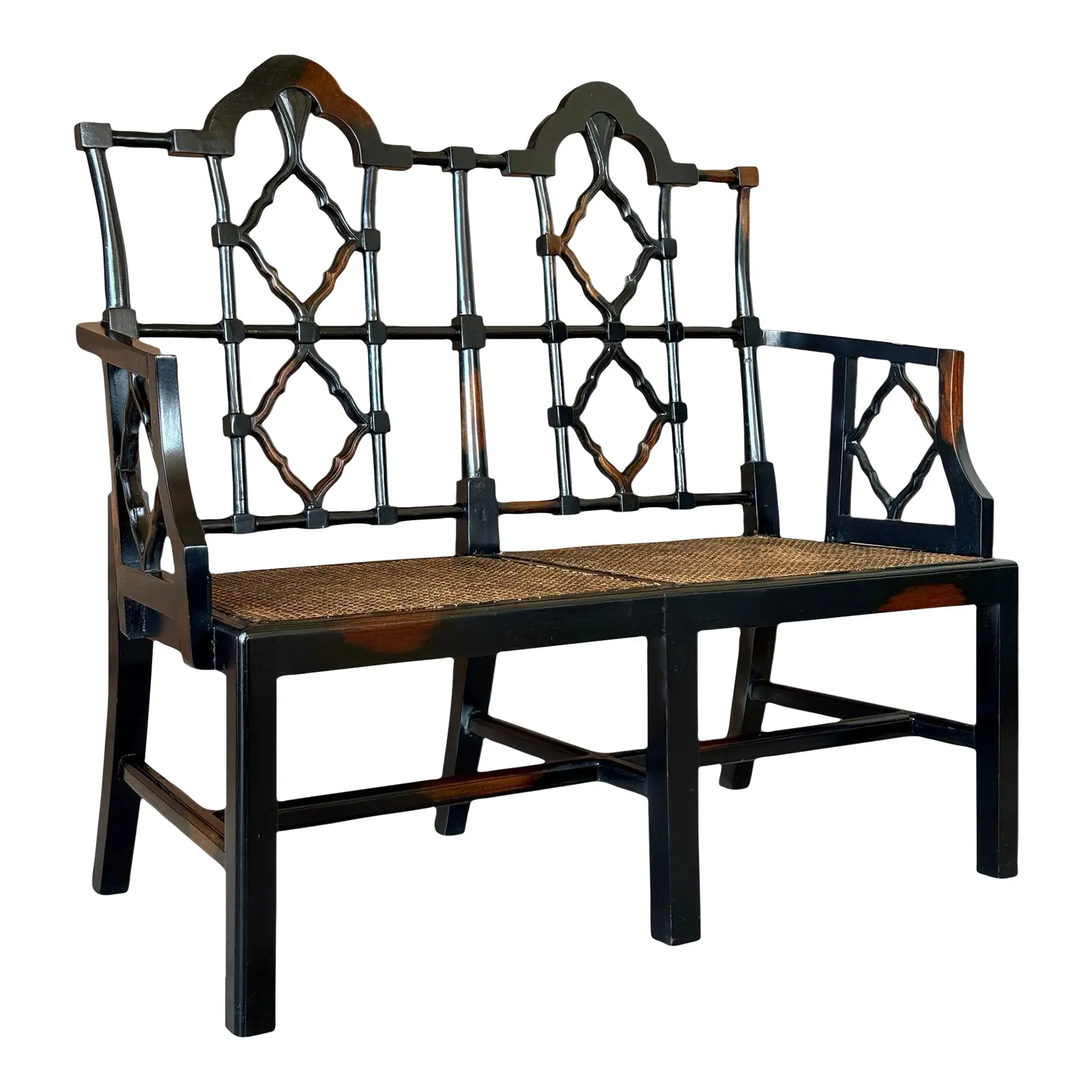 Early 21st Century Black Lacquered Chippendale Style Cane Settee Bench
