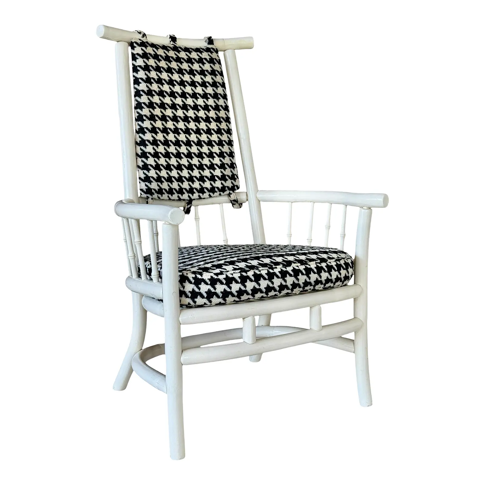 Mid-20th Century Coastal Painted Rattan Side Chair With Houndstooth Upholstery