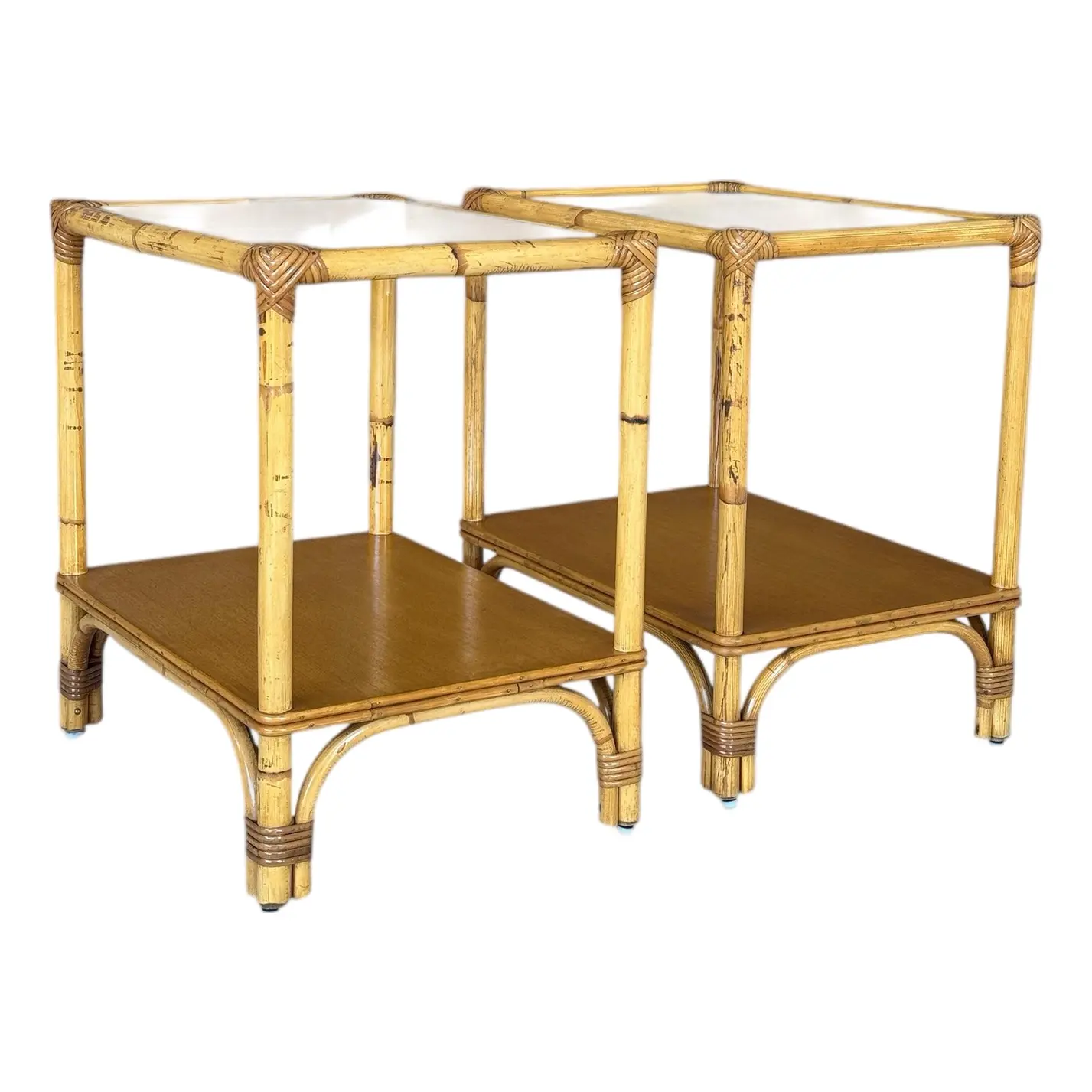 Mid-20th Century Organic Modern Restored Rattan Side Tables – Pair