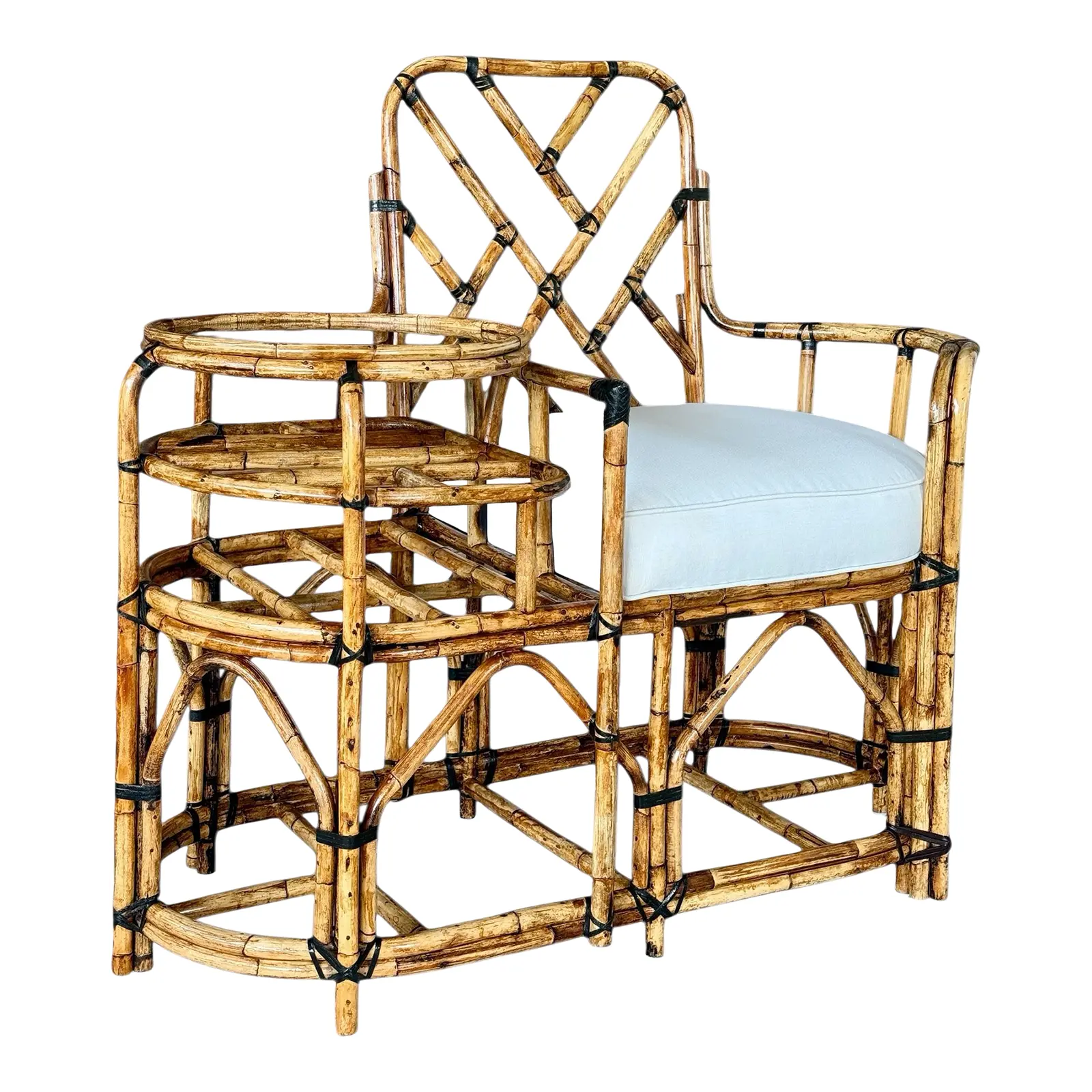 Mid-20th Century Restored Rattan Settee With Built-in Side Table and New Custom Upholstery