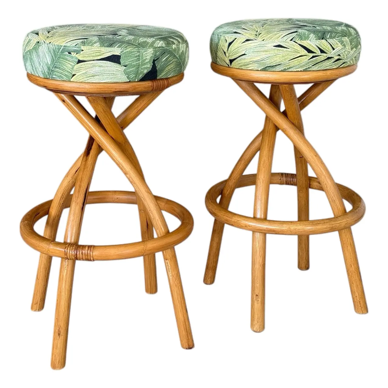 Mid-20th Century Swivel Twist Rattan Barstools in the Manner of Paul Frankl — Pair