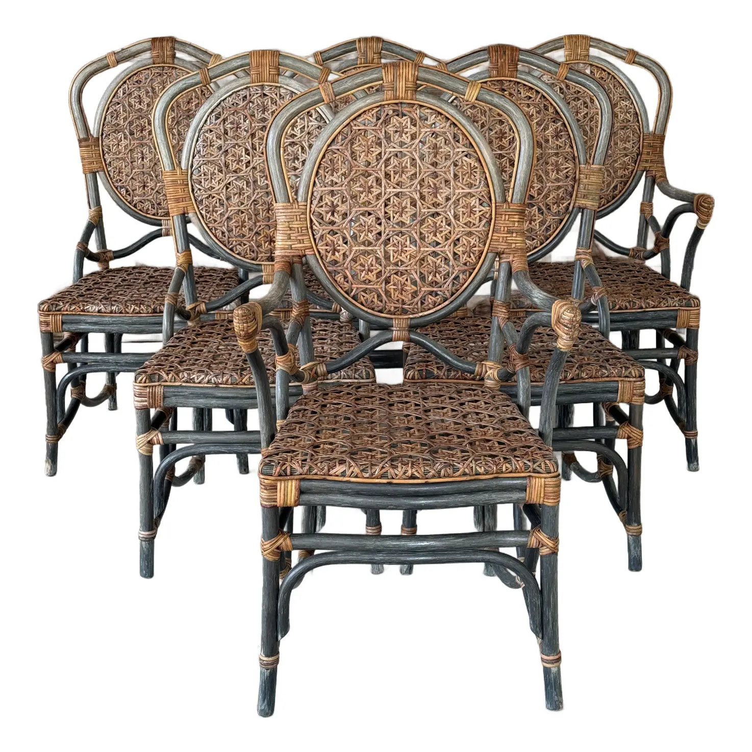 Set of Six Mid-20th Century Italian Rattan and Cane Dining Chairs With Woven Starburst Backs