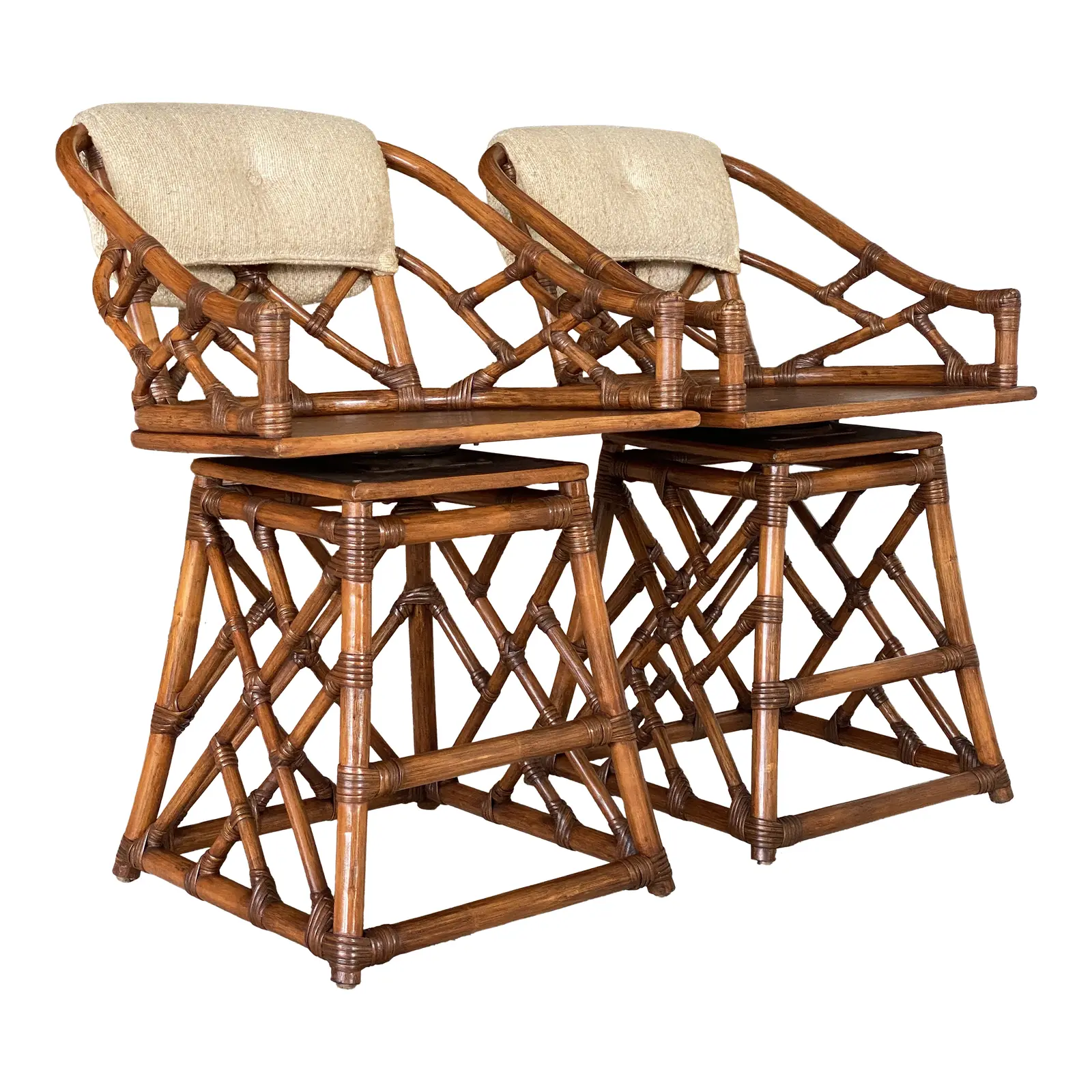 Vintage Coastal Chippendale Rattan Swivel Counter Stools-Pair