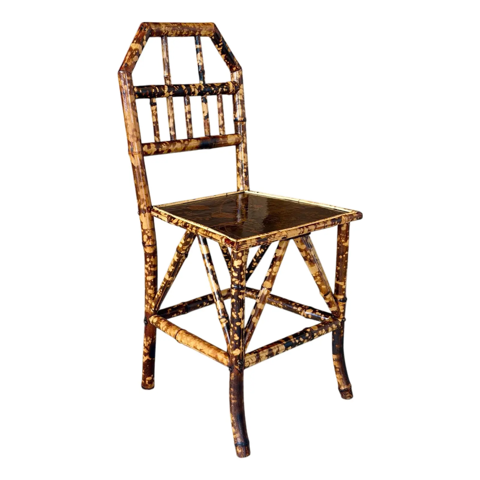 Antique English Burnt Bamboo Side Chair With Japanned Lacquer Seat