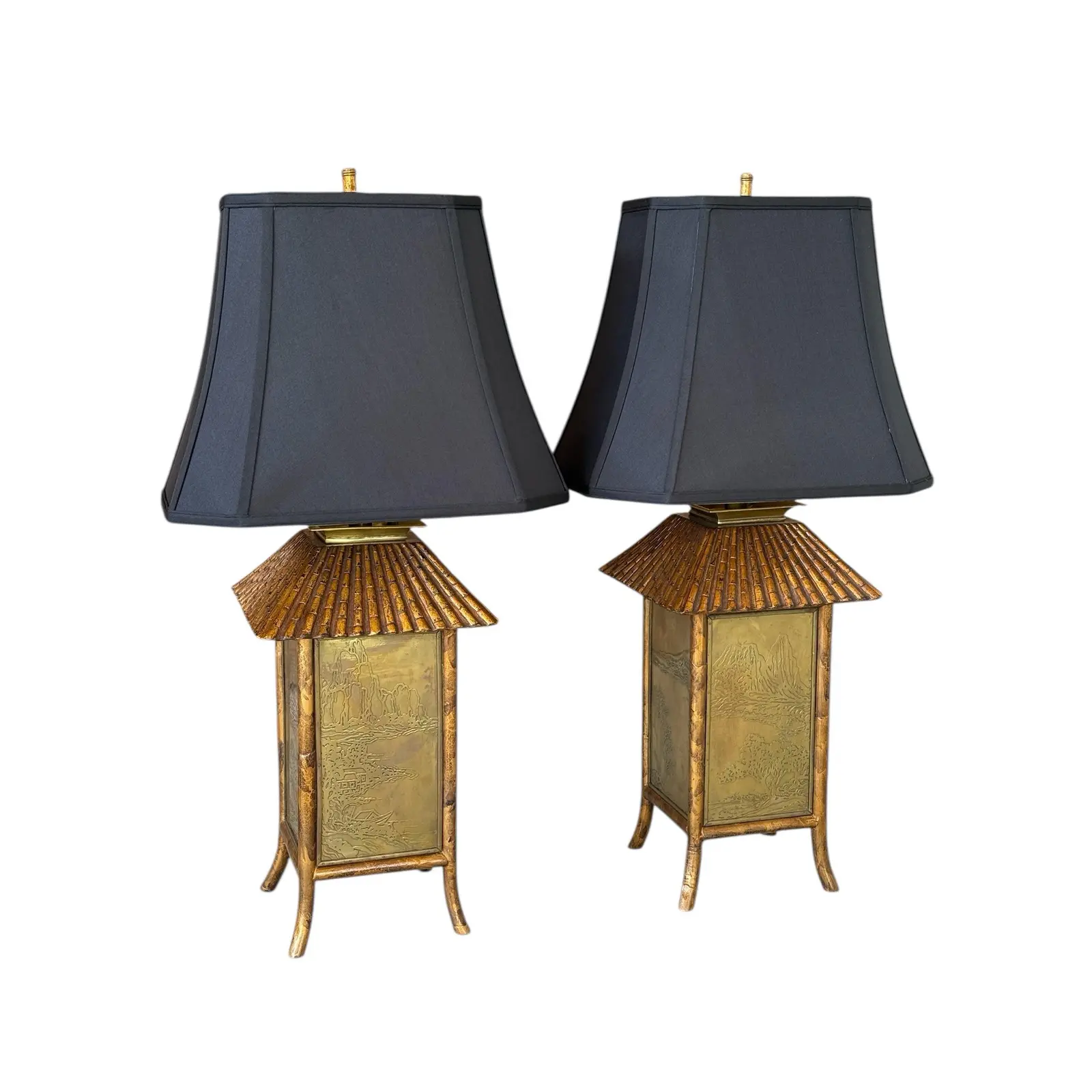 Late-20th Century Mixed Media Faux Bamboo Pagoda Table Lamps With Etched Brass Panels and New Black Shades-Pair