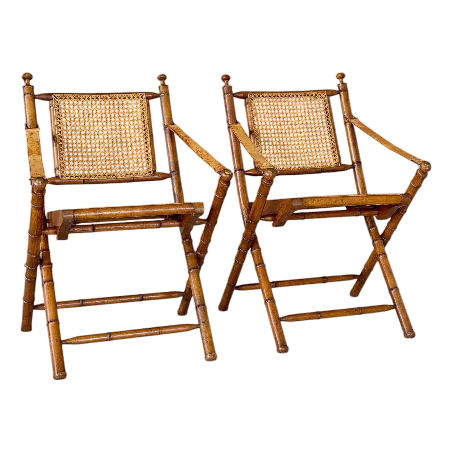 Mid-20th Century English Campaign Faux Bamboo Folding Sling Armchairs With Cane Seats – Pair