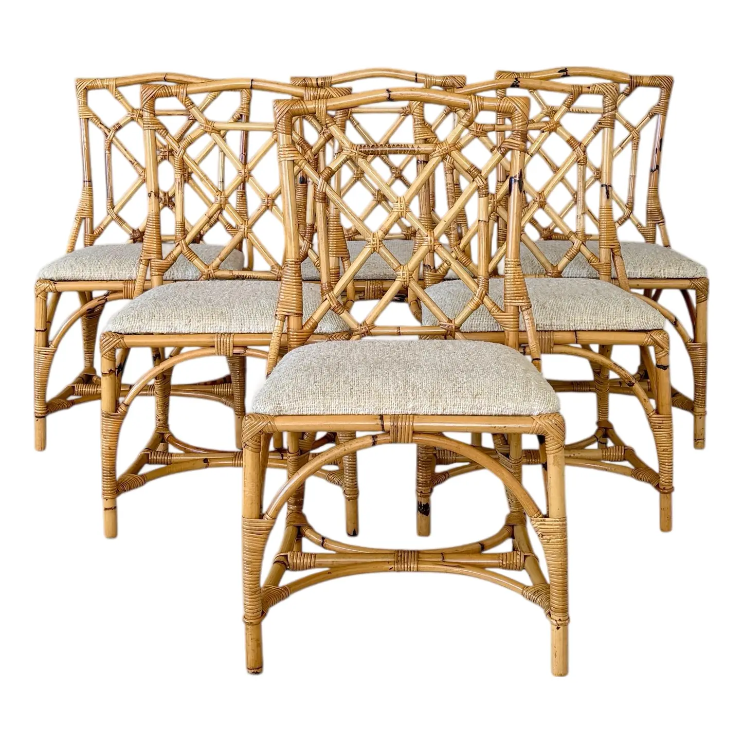 Mid-20th Century Organic Modern Restored Rattan Dining Chairs With Lattice Backs-Set of Six