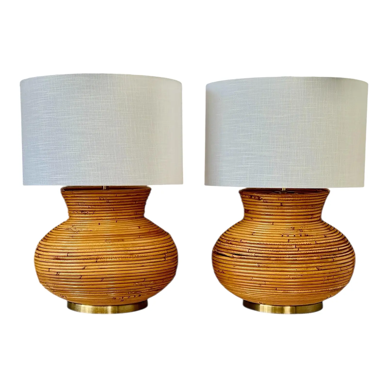 Mid-20th Century Refinished Organic Modern Rattan Coil Gourd Table Lamps With Brass Bases