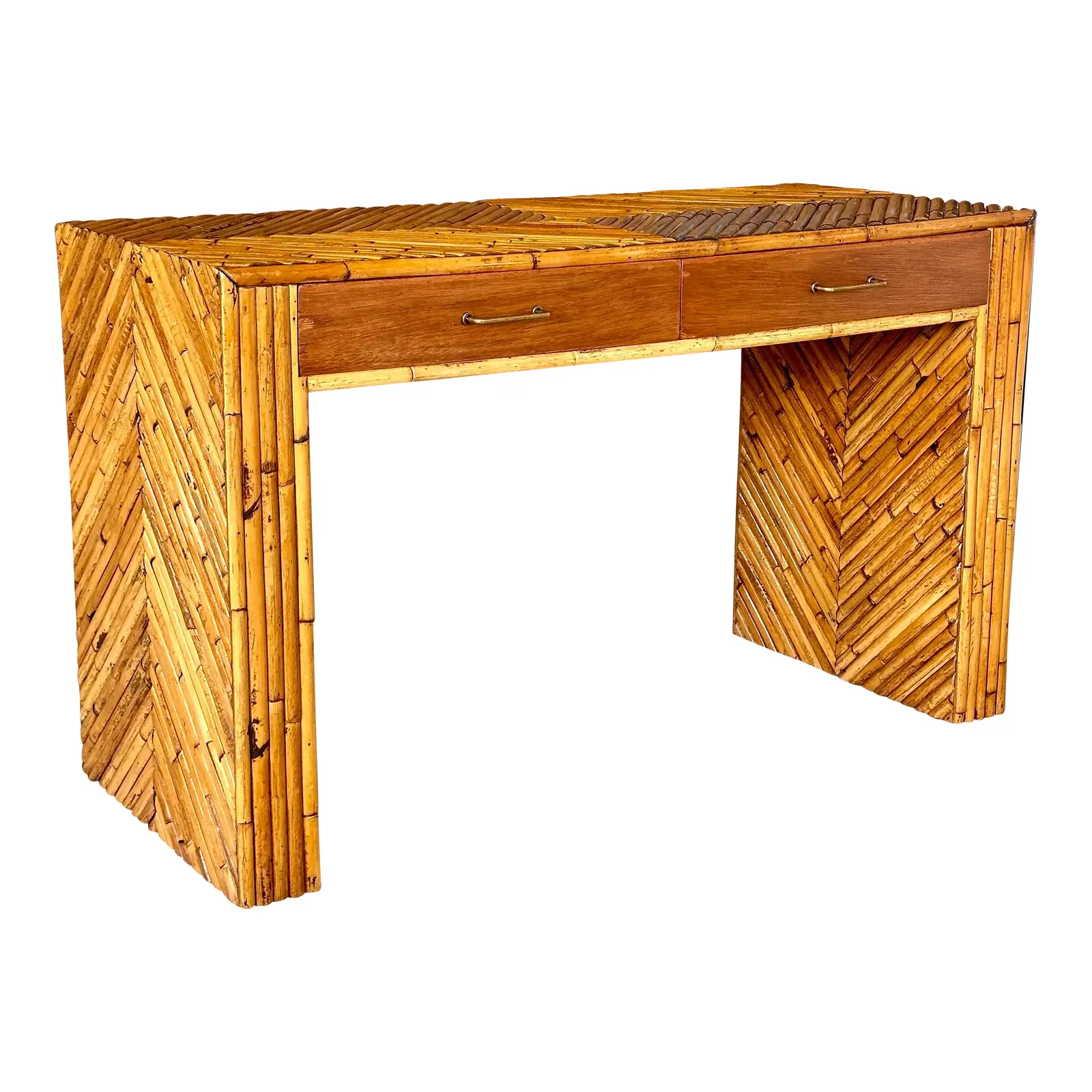 Mid-20th Century Refinished Split Rattan Chevron Two Drawer Floating Vanity or Desk