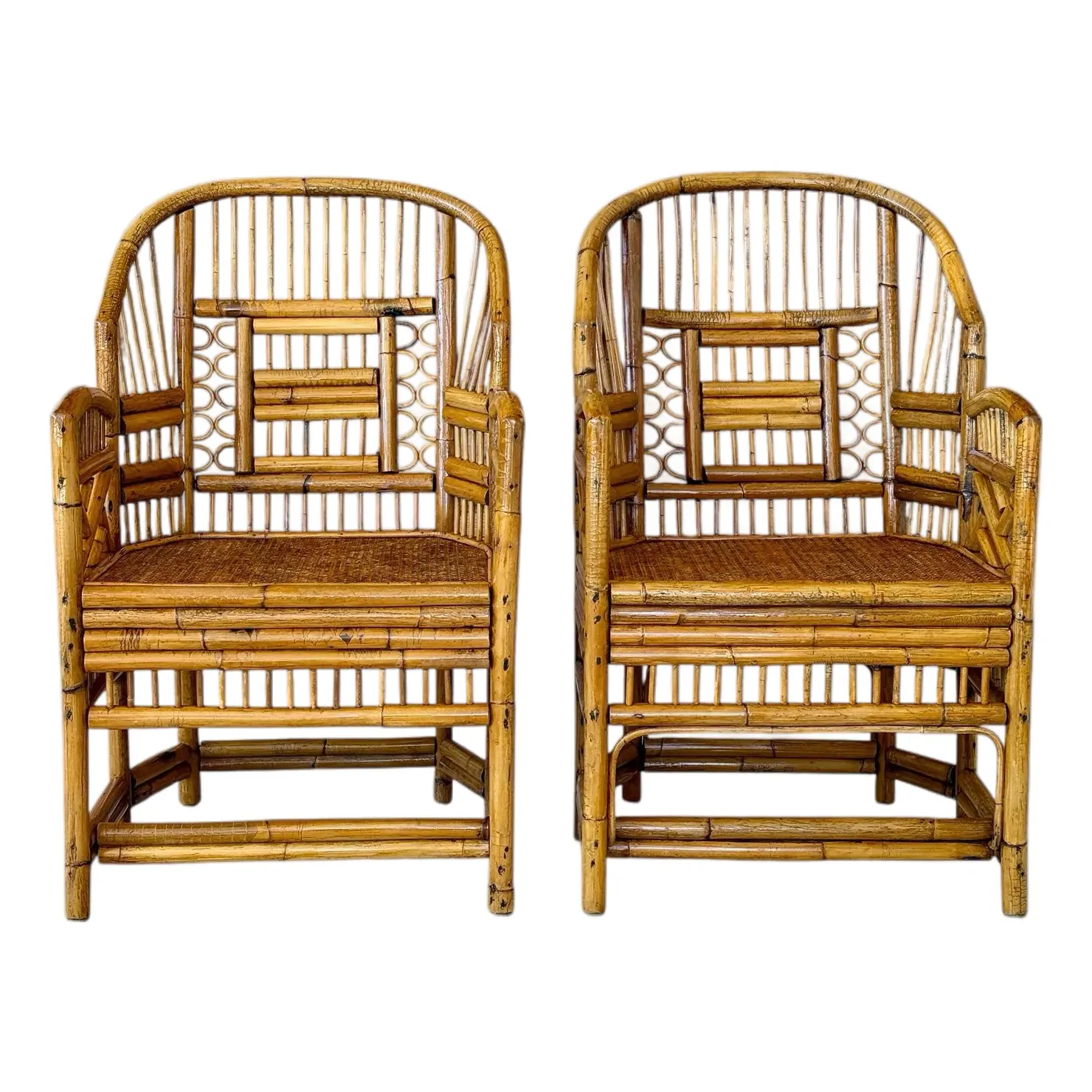 Mid-20th Century Restored Brighton Pavilion–Style Rattan Cane Chairs-Pair