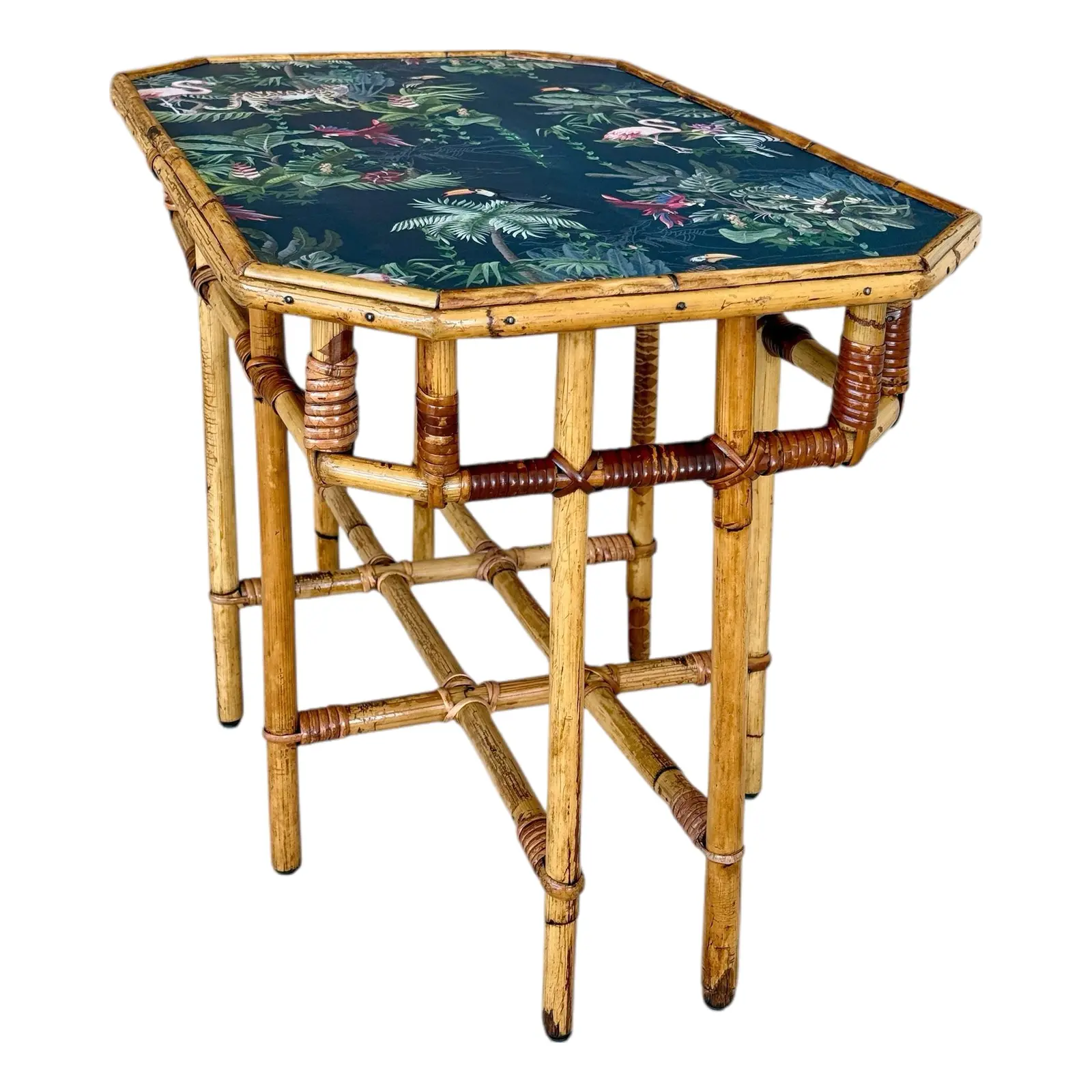 Mid-20th Century Sons-Cunningham Rattan Side Table With Tropical Wallpaper Top