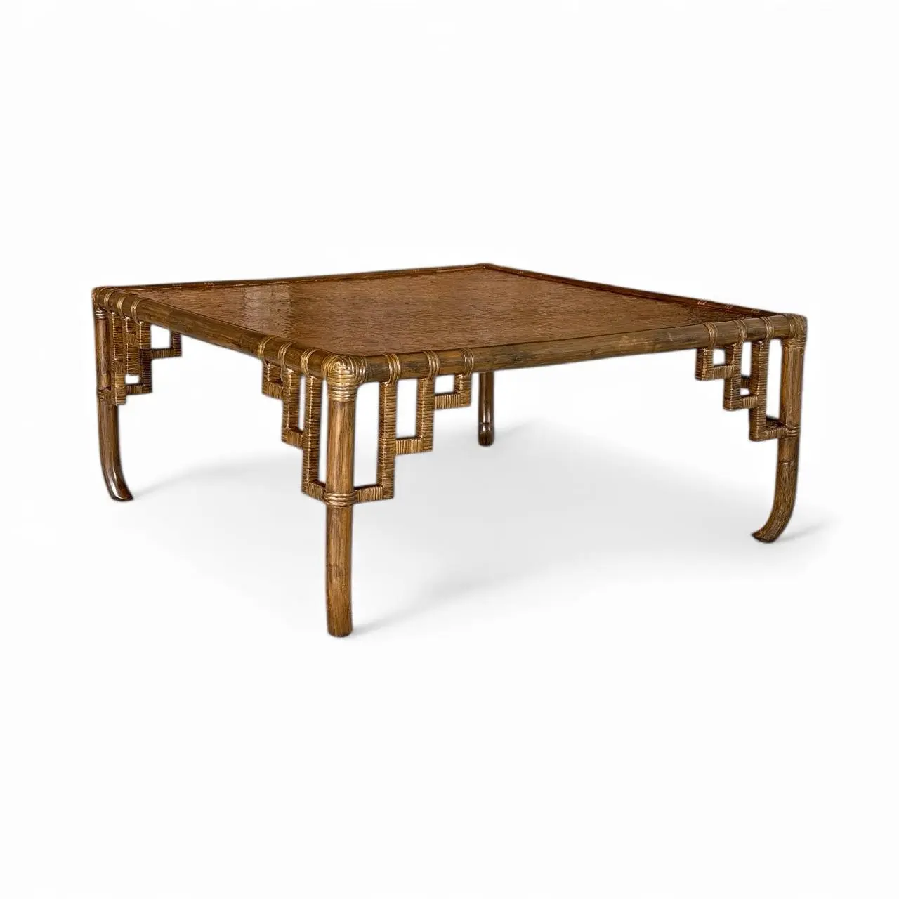 Mid-Century Organic Modern Rattan Fretwork Coffee Table With Mosaic Wood Inlay Top Manner of John Wisner