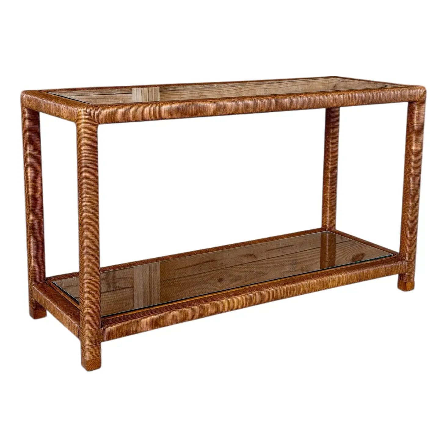 Modern Coastal Rattan Wrapped Two-Tier Console Table With Glass Shelves