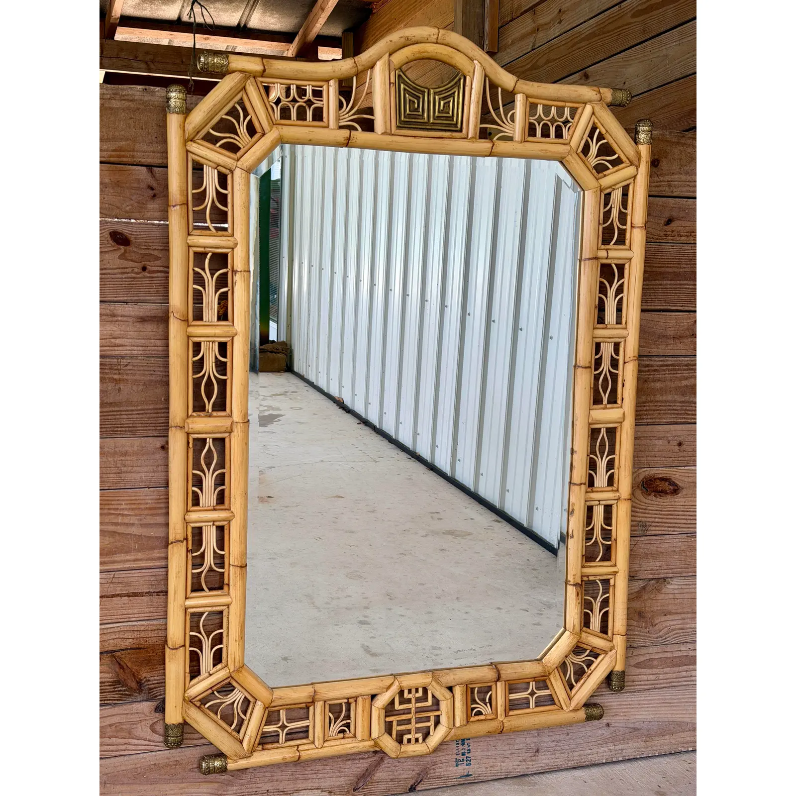 Monumental Maitland-Smith Chinoiserie Style Rattan Wall Mirror With Geometric Fretwork
