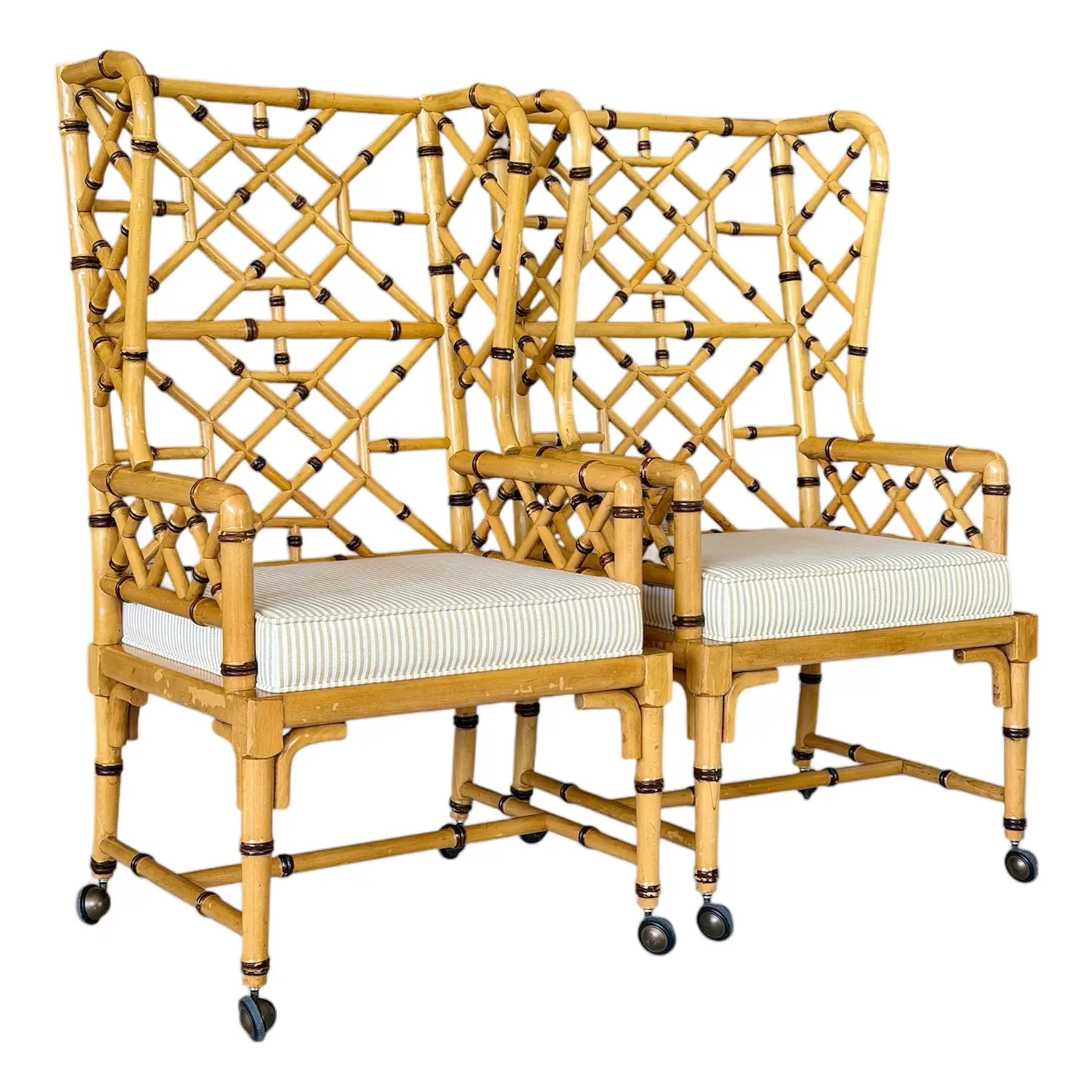 Pair of Vintage Coastal Faux Bamboo Rattan Lattice Armchairs by French Heritage