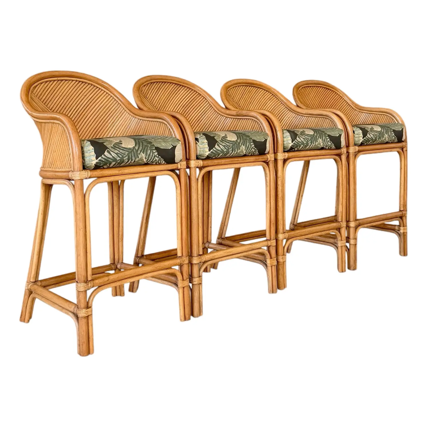 Set of Four Vintage Boho Organic Modern Rattan Bar Stools With Pencil Rattan Backs