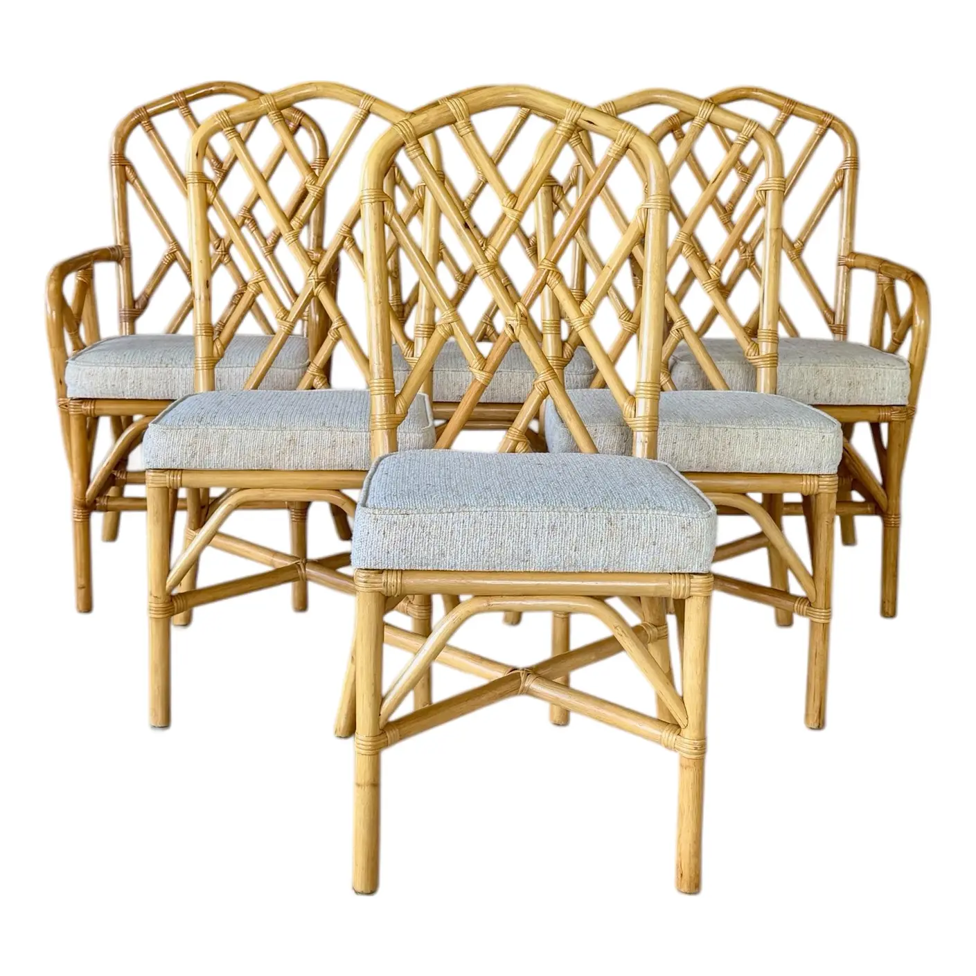 Set of Six Vintage Boho Rattan Dining Chairs With Chippendale Style Lattice Backs