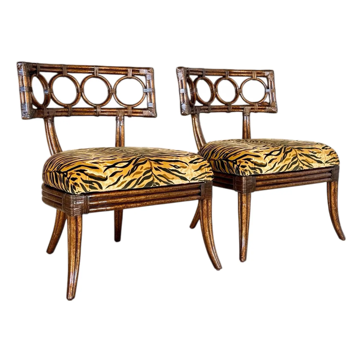 Tommy Bahama Ring Back Rattan Slipper Chairs in Scalamandre Tigre – Pair