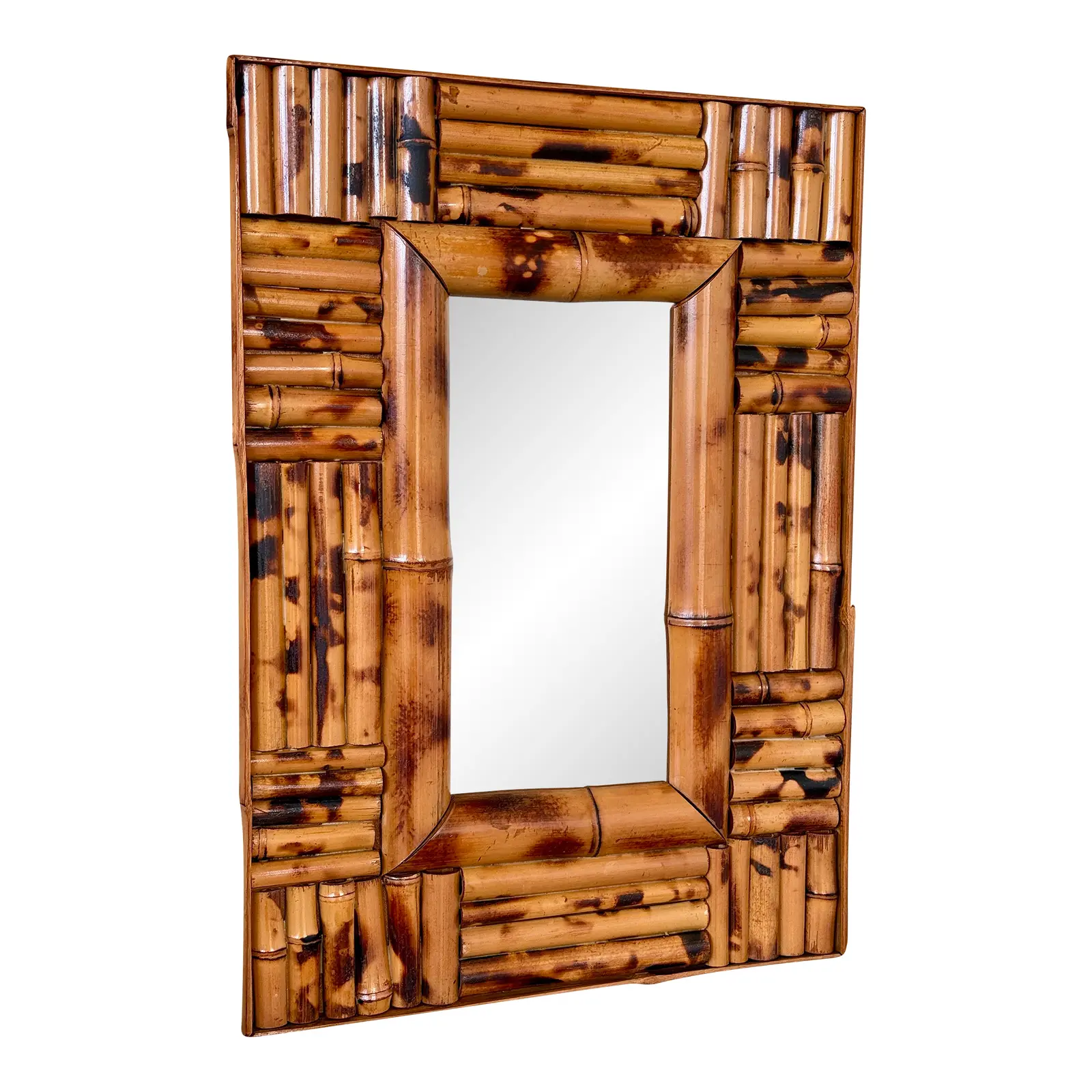 Vintage Boho Coastal Bamboo Wall Mirror With Sculptural Cut Bamboo Frame