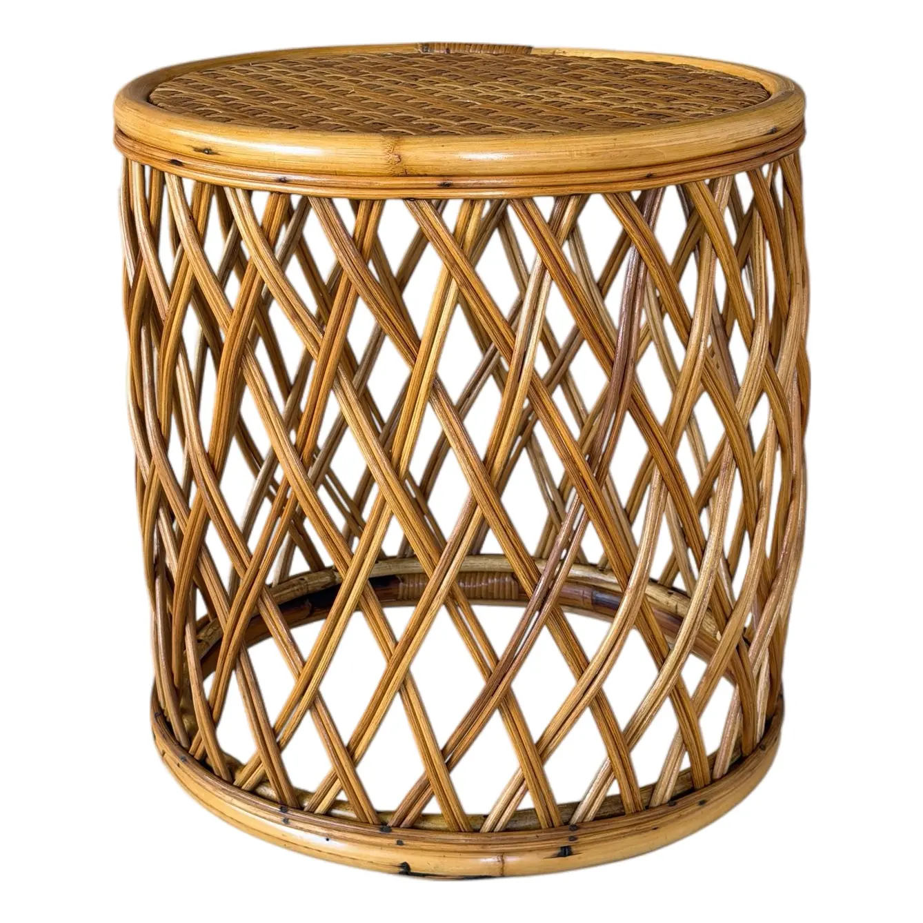 Vintage Boho Organic Modern Drum Form Rattan Side Table With Woven Top