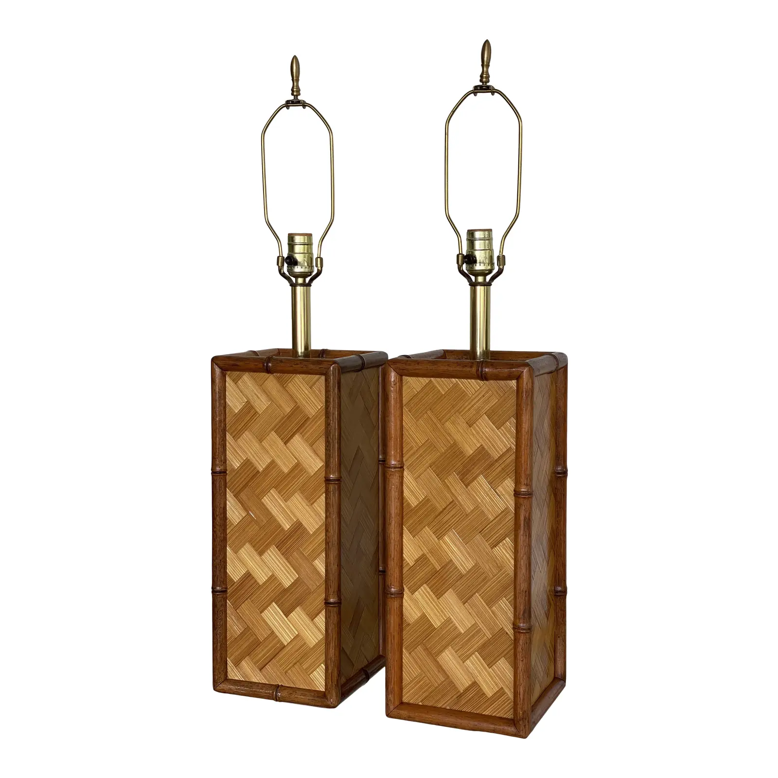 Vintage Coastal Bamboo Basket Weave Lamps-Pair