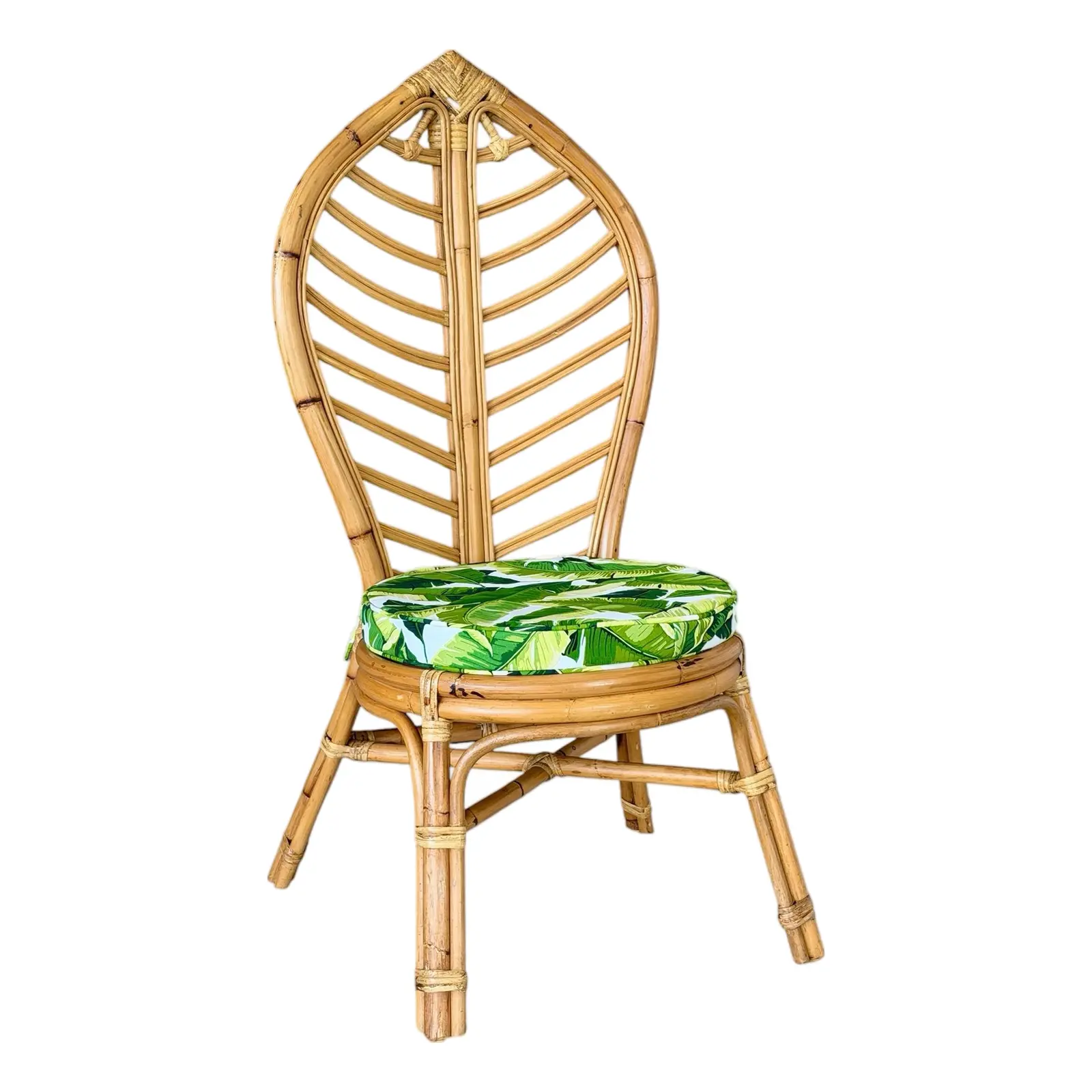 Vintage Coastal Boho Rattan Leaf Back Side Chair With Custom Tropical Cushion