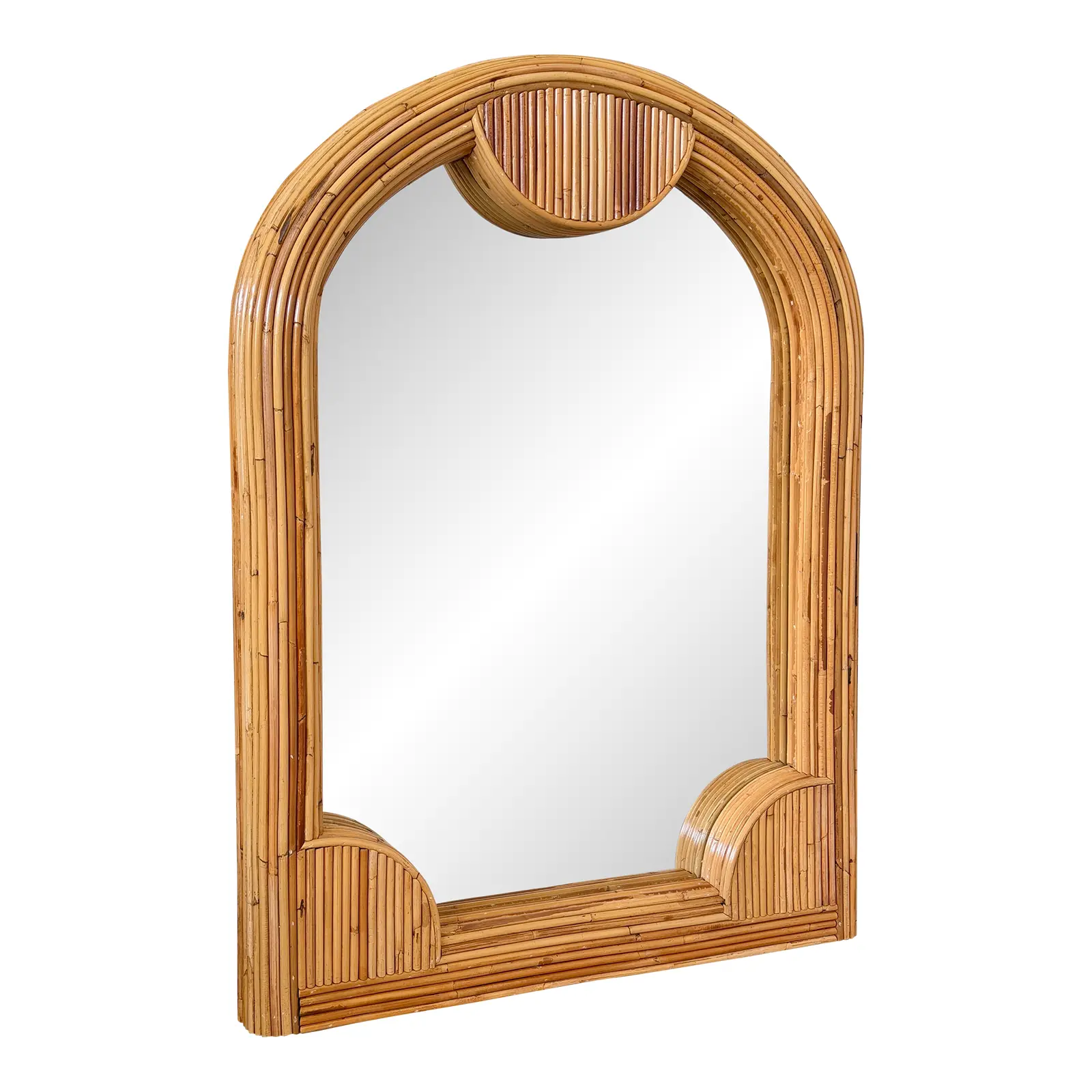 Vintage Coastal Boho Refinished Pencil Reed Rattan Sculptural Arch Wall Mirror