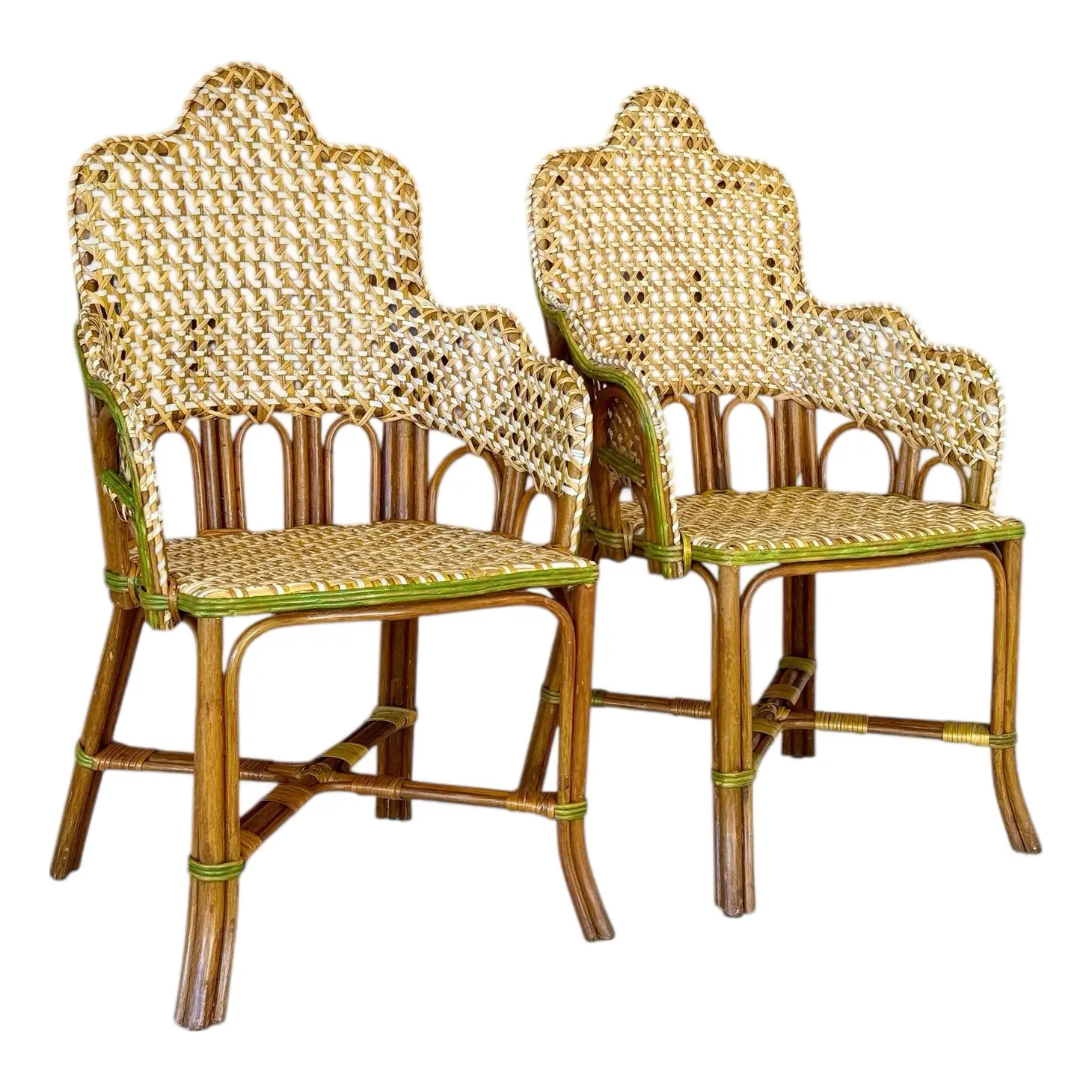 Vintage French-Style Rattan Bistro Side Arm Chairs With Handwoven Cane – Pair