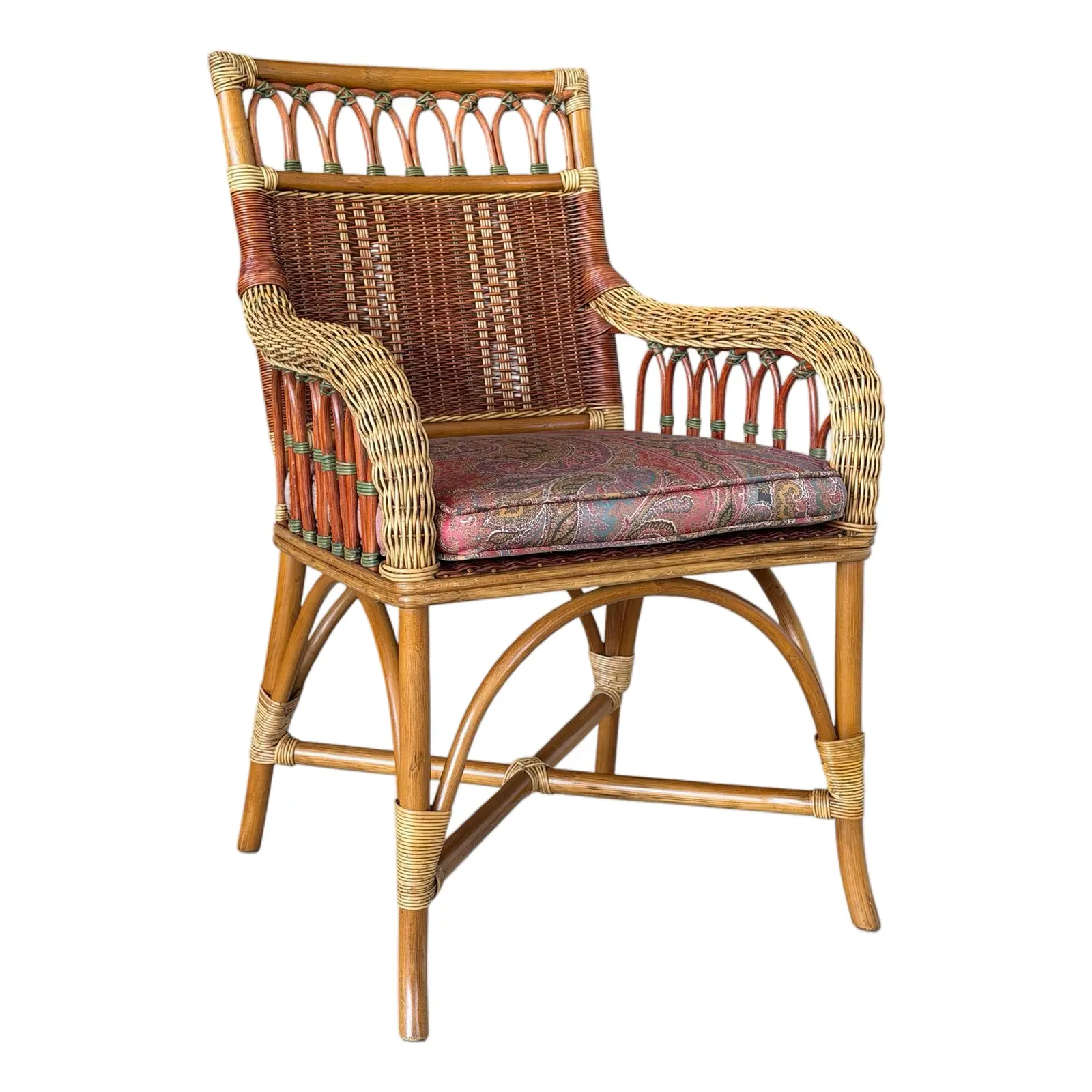 Vintage French Wicker & Rattan Armchair With Paisley Cushion