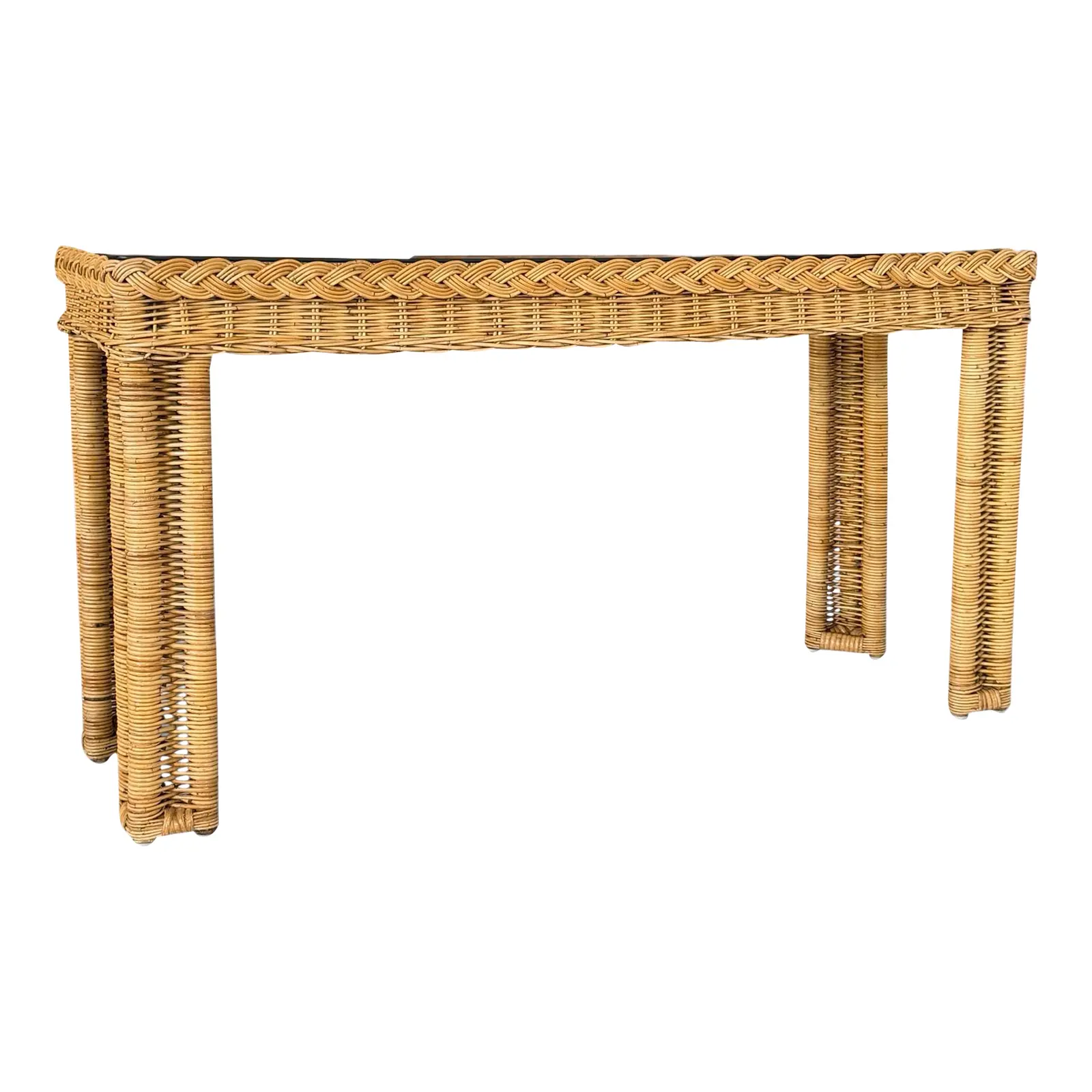 Vintage Handwoven Braided Rattan Console Table Glass Insert