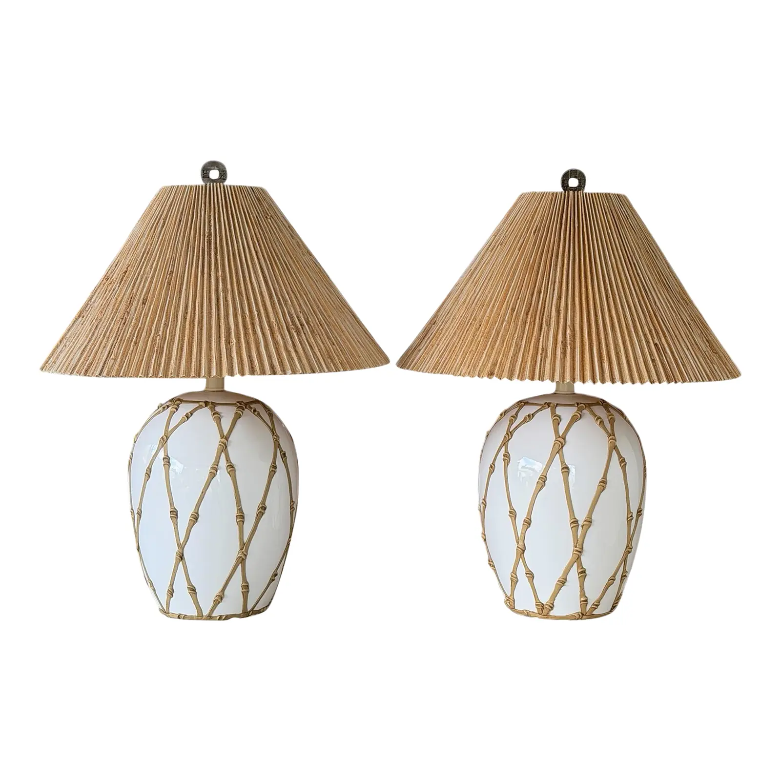 Vintage Hollywood Regency Boho Faux Bamboo “Icing” Ceramic Table Lamps With Raffia Shades – a Pair
