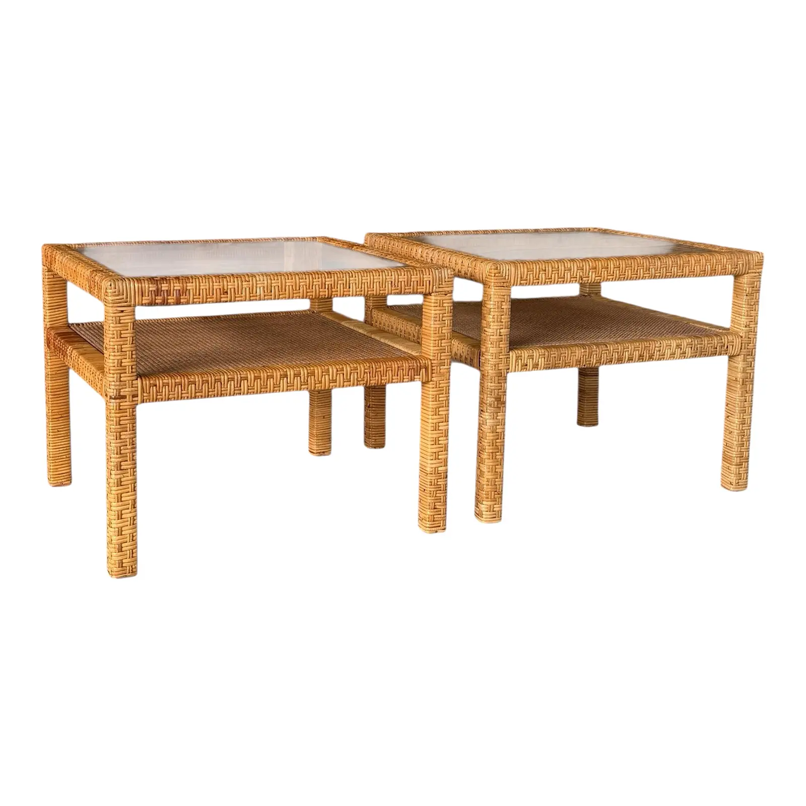 Vintage Organic Modern Rattan & Cane Side Tables With Glass Tops – Pair