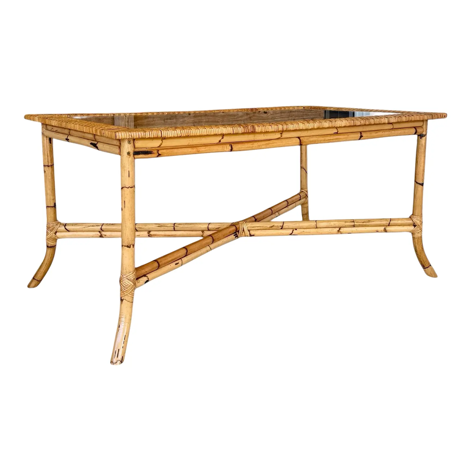 Vintage Organic Modern Rattan Dining Table With Glass Top