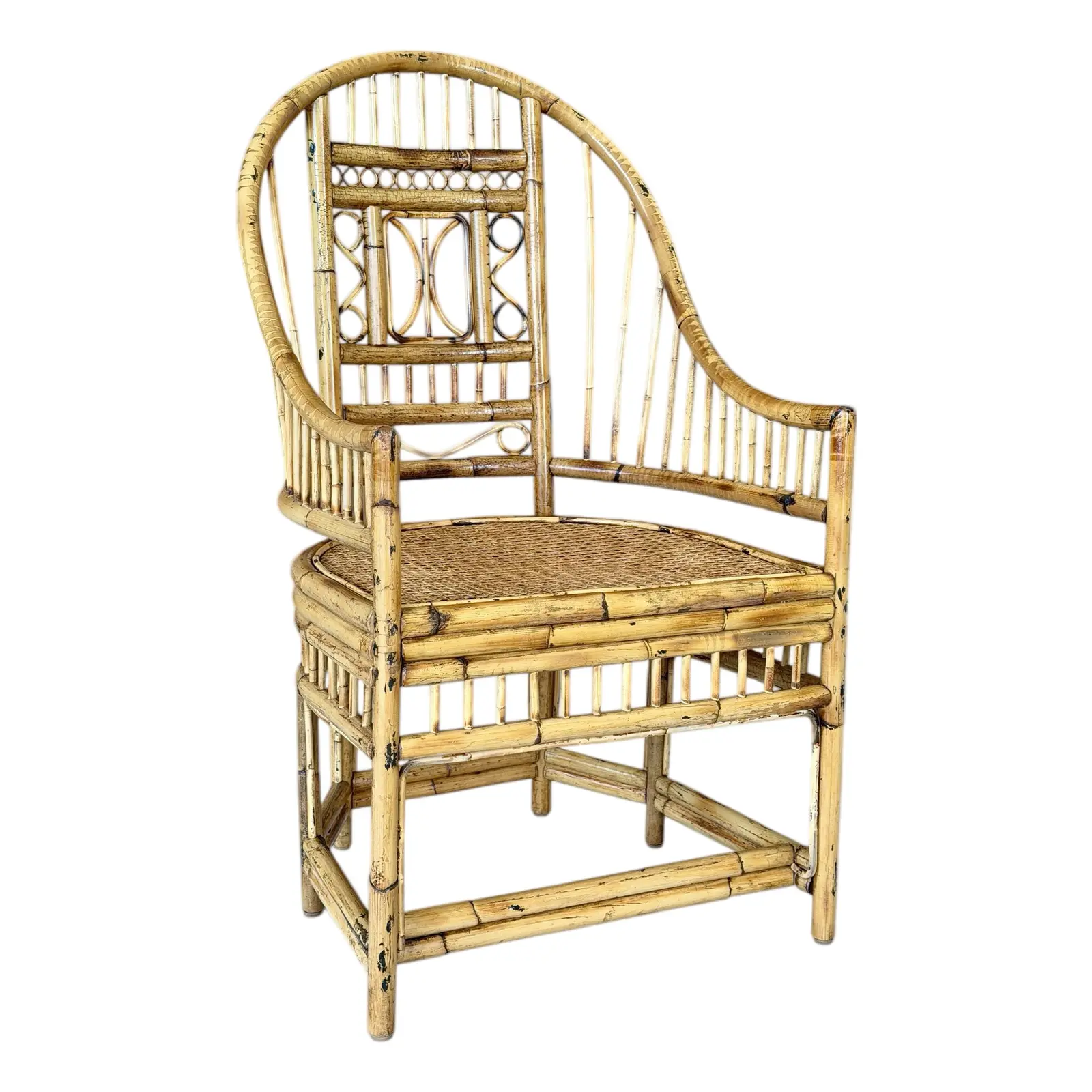 Vintage Refinished Brighton Pavilion Style Rattan Cane High-Back Armchair