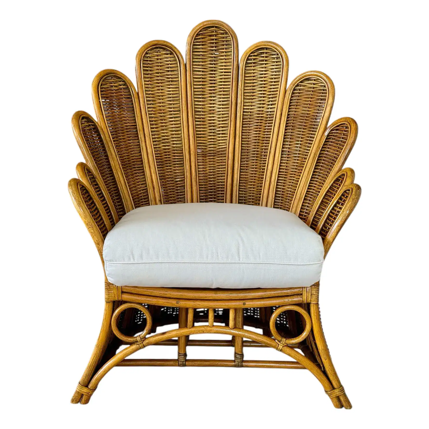 Vintage Sculptural Rattan Fan Back Palm Frond Lounge Chair